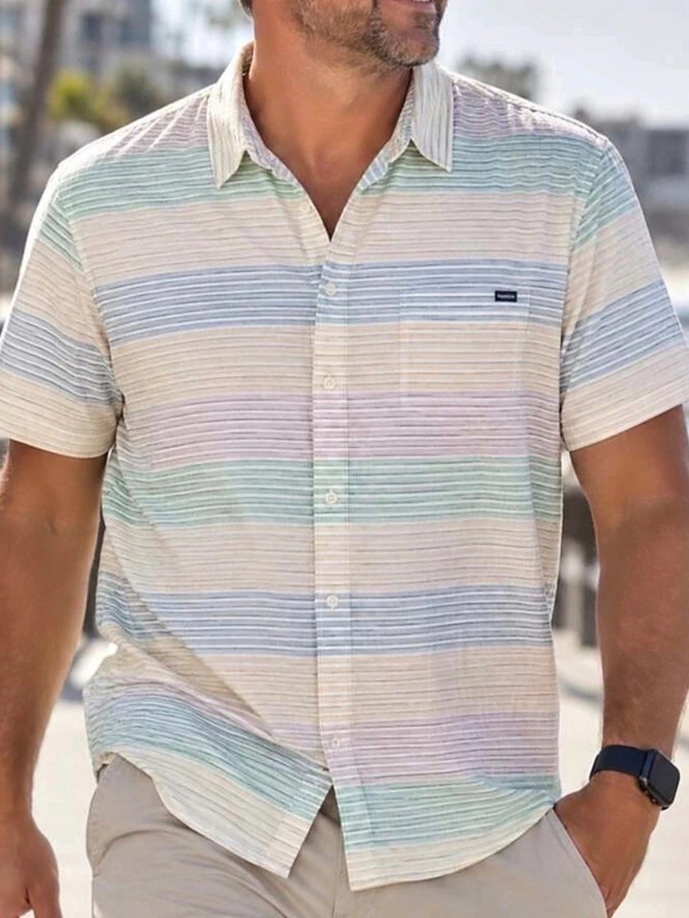 Chubbies “The Rainbow Row” Friday Shirt Striped Short Sleeve Shirt Blue & White
